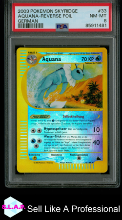 AQUANA-REVERSE FOIL GERMAN POKEMON SKYRIDGE 2003 33 PSA 8 - Image 1