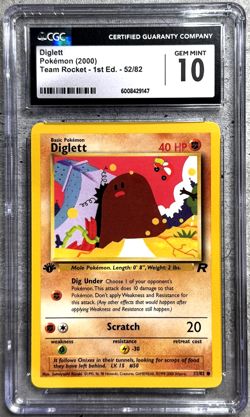 Pokemon Card 1st Ed. Diglett CGC 10 Gem Mint, Team Rocket Set 52/82, WOTC 2000 - Image 1