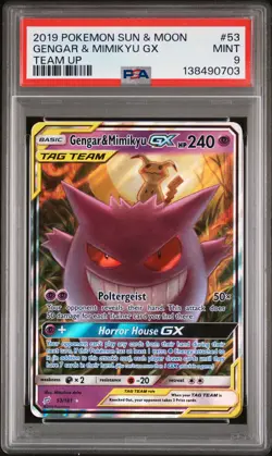 2019 POKEMON TEAM UP GENGAR & MIMIKYU GX #53/181 TAG TEAM ULTRA RARE HOLO PSA 9 - Image 1