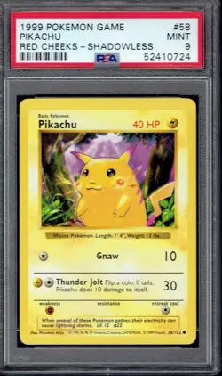 1999 Pokemon Pikachu Red Cheeks Shadowless 58/102 PSA 9 (Base Set) - Image 1