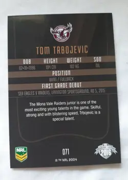 2016 NRL ELITE Base TRADING Card #071 TOM TRBOJEVIC MANLY SEA EAGLES NMT NRL - Image 2