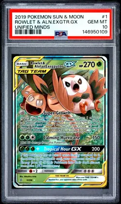 2019 POKEMON SUN & MOON UNIFIED MINDS #1 ROWLET & ALOLAN EXEGGUTOR GX PSA 10 - Image 1