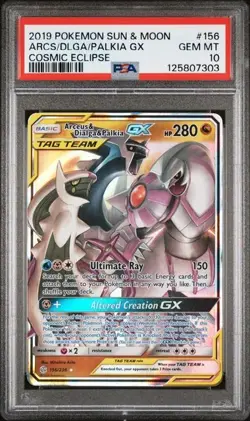 PSA 10 2019 POKEMON SUN & MOON COSMIC ECLIPSE #156 ARCEUS & DIALGA & PALKIA GX - Image 1