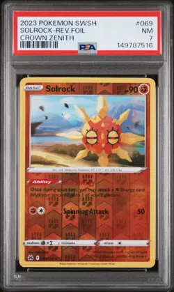2023 POKEMON SWORD & SHIELD CROWN ZENITH #069 SOLROCK-REVERSE FOIL PSA 7 - Image 1