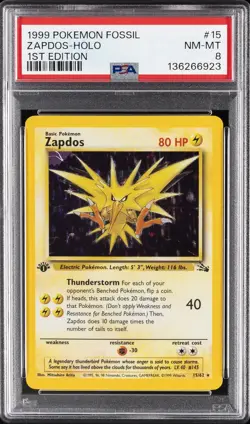 1999 POKEMON FOSSIL 1ST EDITION #15 ZAPDOS-HOLO PSA 8 - Image 1