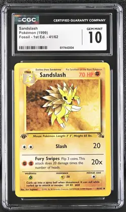 Pokemon Card Sandslash 41/62 1st Edition Fossil 1999 CGC 10 GEM MINT - Image 1
