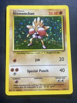 Pokemon TCG Hitmonchan Base Set Holo Unlimited Rare Card 7/102 HP - Image 1