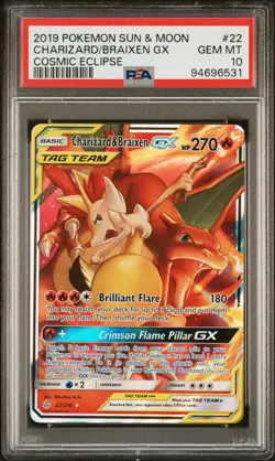 2019 POKEMON SUN & MOON COSMIC ECLIPSE #22 CHARIZARD & BRAIXEN GX PSA 10 - Image 1