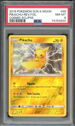 2019 Pokemon Sun & Moon Cosmic Eclipse PIKACHU Reverse Foil #66 PSA 8 - Image 1