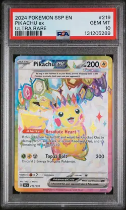 2024 Pokemon Ssp En-Surging Sparks #219 Pikachu Ex Ultra Rare PSA 10 - Image 1