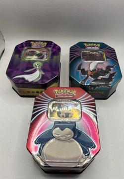 3 Pokemon Trading cards tins with one card in each Darkrai, Gardevoir, Snorlax - Image 1