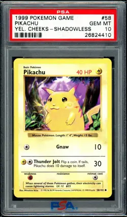 1999 Pikachu Yellow Cheeks Shadowless Card #58 PSA 10 - Image 1