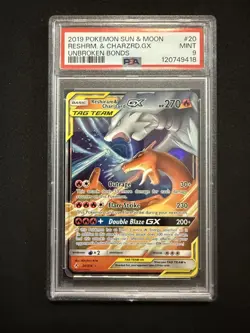 PSA 9 RESHIRAM & CHARIZARD 20 GX UNBROKEN BONDS 2019 POKEMON SUN & MOON - Image 1