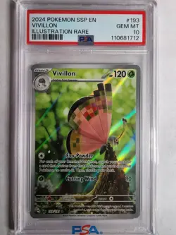 2024 Pokemon Vivillon 193/191 Sv08: Surging Sparks Illustration Rare Holo PSA 10 - Image 1