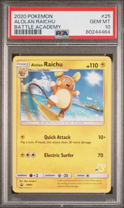 2020 POKEMON BATTLE ACADEMY #25 ALOLAN RAICHU PSA 10 - Image 1