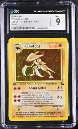 CGC 9 MINT Kabutops 9/62 Fossil 1st Edition Holo Pokemon Card - Image 1