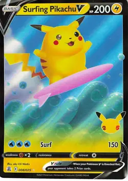 Surfing Pikachu V 008/025 Holo V Rare Celebrations Pokemon Lightly Played - Image 1