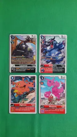 Digimon Card Game Lot Of 4 Cards Locomon Greymon Gigimon & Elizamon - Image 1