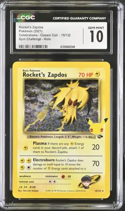 CGC 10 Rocket's Zapdos 15/132 Celebrations - Classic Coll. GYM CHALLENGE HOLO - Image 1