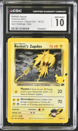 CGC 10 Rocket's Zapdos 15/132 Celebrations - Classic Coll. GYM CHALLENGE HOLO - Image 1
