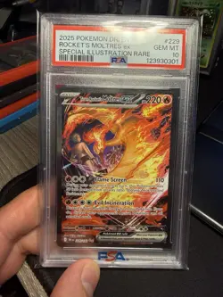 Pokemon TCG Destined Rivals Team Rocket's Moltres EX Card 229/182 Sir PSA 10 - Image 1