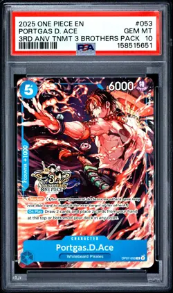 2025 One Piece EN 3rd Anniversary TNMT 3 Brothers Portgas D Ace #053 PSA 10 GEM - Image 1