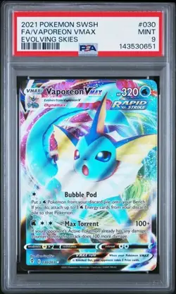 PSA 9 Mint Vaporeon VMAX 030/203 SWSH07: Evolving Skies Holo Pokemon TCG - Image 1