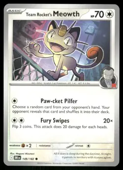 Team Rocket's Meowth 149/182 Destined Rivals Pokemon TCG trading card - Image 1