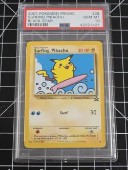PSA 10 2001 Pokemon Black Star Promo Surfing Pikachu #28 Pokemon League - Image 1