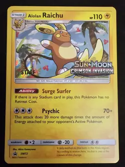 Alolan Raichu Staff Stamped Prerelease Crimson Invasion Promo Pokemon Card SM72 - Image 1
