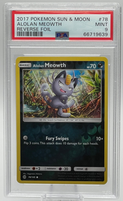 2017 POKEMON SUN & MOON #78 ALOLAN MEOWTH REVERSE FOIL PSA 9 MINT - Image 1