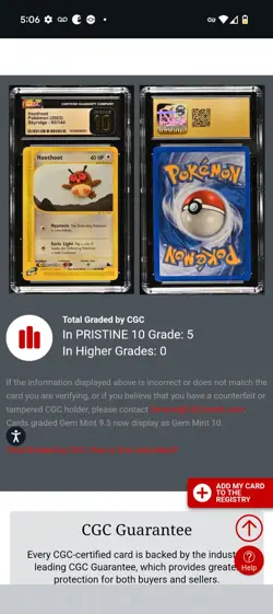 (POP 5) CGC 10 PRISTINE 2003 Pokemon Skyridge Hoothoot 65/144 Card - Image 4