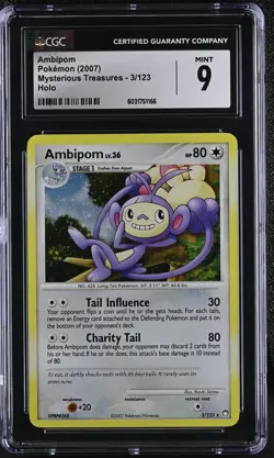CGC MINT 9 Ambipom 2007 Mysterious Treasures 3/123 Holo Pokemon Card - Image 1