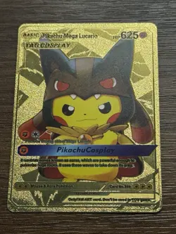 Pokemon Gold Foil FAN ART Art Card PIKACHU COSPLAY Mega Lucario 625HP - Image 1