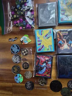 Pokemon TCG Lot - 12 Pack Of Sleeves - 34 Coins - 2 Pins - Dice - Image 2