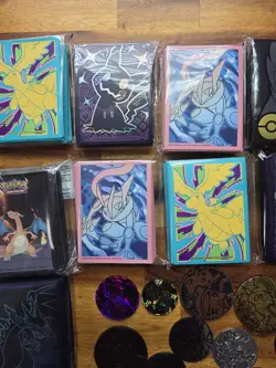 Pokemon TCG Lot - 12 Pack Of Sleeves - 34 Coins - 2 Pins - Dice - Image 4