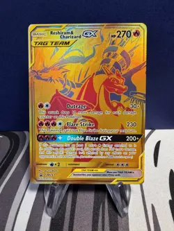 Reshiram & Charizard GX Gold Full Art Promo SM247 Pokemon Card Tag Team !! - Image 1