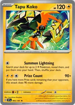 2024 Pokemon Tapu Koko 065/191 Sv08: Surging Sparks Holo - Image 1
