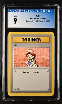 1999 Pokemon Shadowless 1st Edition Base Set Trainer Bill CGC 9-9.5 Mint 91/102 - Image 1