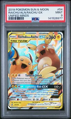 2019 POKEMON SUN & MOON UNIFIED MINDS #54 RAICHU & ALOLAN RAICHU GX PSA 9 - Image 1