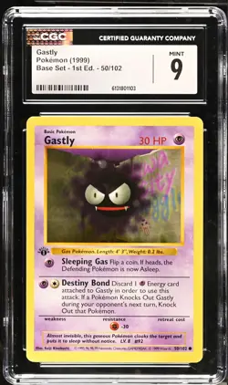 CGC 9 MINT Gastly 50/102 1st Edition Shadowless Base Set Pokemon Card - Image 1
