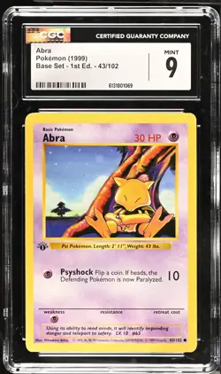 CGC 9 MINT Abra 43/102 1st Edition Shadowless Base Set Pokemon Card - Image 1