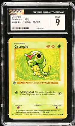 CGC 9 MINT Caterpie 45/102 1st Edition Shadowless Base Set Pokemon Card - Image 1