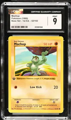 CGC 9 MINT Machop 52/102 1st Edition Shadowless Base Set Pokemon Card - Image 1