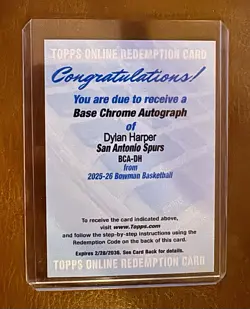 2025-26 Bowman Chrome Dylan Harper Rookie Base Chrome Auto Redemption RC Spurs - Image 1