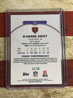 2025 Topps Finest D’Andre Swift GOLD 32/50 RC Bears Peel And Remove Protector - Image 2