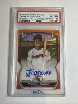2023 1st Bowman Chrome Orange Wave Ref Welbyn Francisca Auto 03/25 RC SP PSA 10 - Image 1