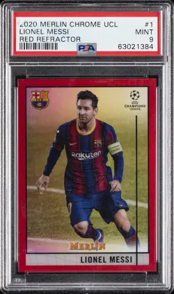 2020 TOPPS MERLIN CHROME CHAMPIONS LEAGUE RED REFRACTOR LIONEL MESSI 9/10 PSA 9 - Image 1