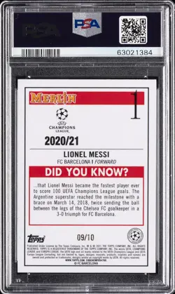 2020 TOPPS MERLIN CHROME CHAMPIONS LEAGUE RED REFRACTOR LIONEL MESSI 9/10 PSA 9 - Image 2