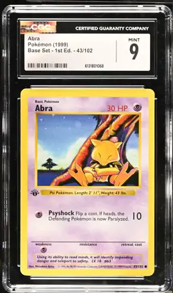 CGC 9 MINT Abra 43/102 1st Edition Shadowless Base Set Pokemon Card - Image 1